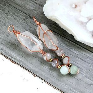 Clear Quartz Jasper & Amazonite Crystal Pendant, Copper Wire Gemstone Pendant 3"